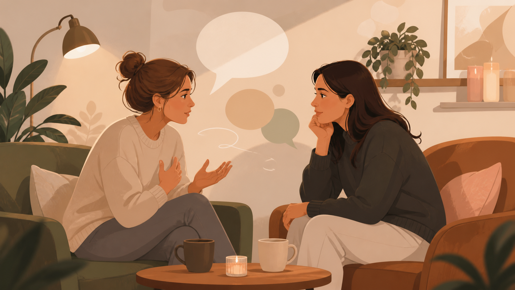 Two people having a warm conversation in a cozy room, showing emotional support and attentive listening.